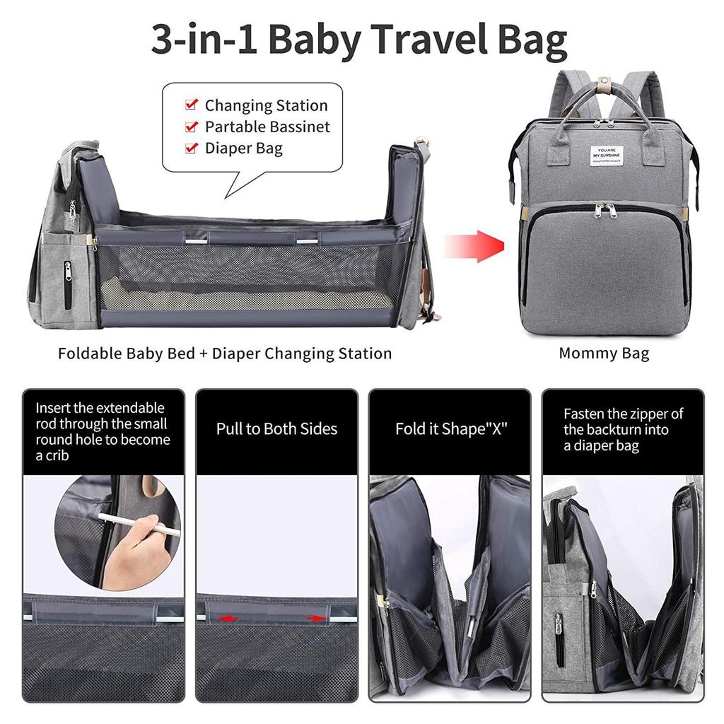 Nuovo lettino pieghevole per culla da viaggio con tasca isolata, zaino per pannolini 3 in 1 con fasciatoio, culla portatile per borsa per bambini