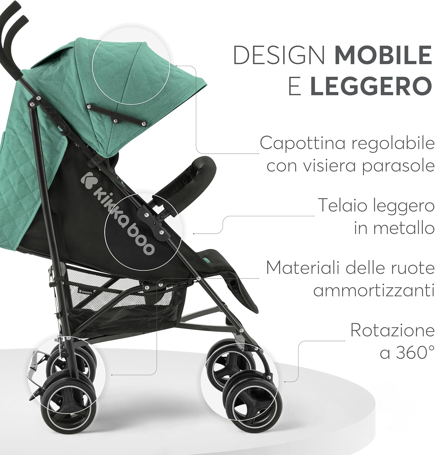 Passeggino KikkaBoo BEETLE, Passeggino da viaggio fino a 22 kg, Pieghevole, Leggero, Compatto, Menta