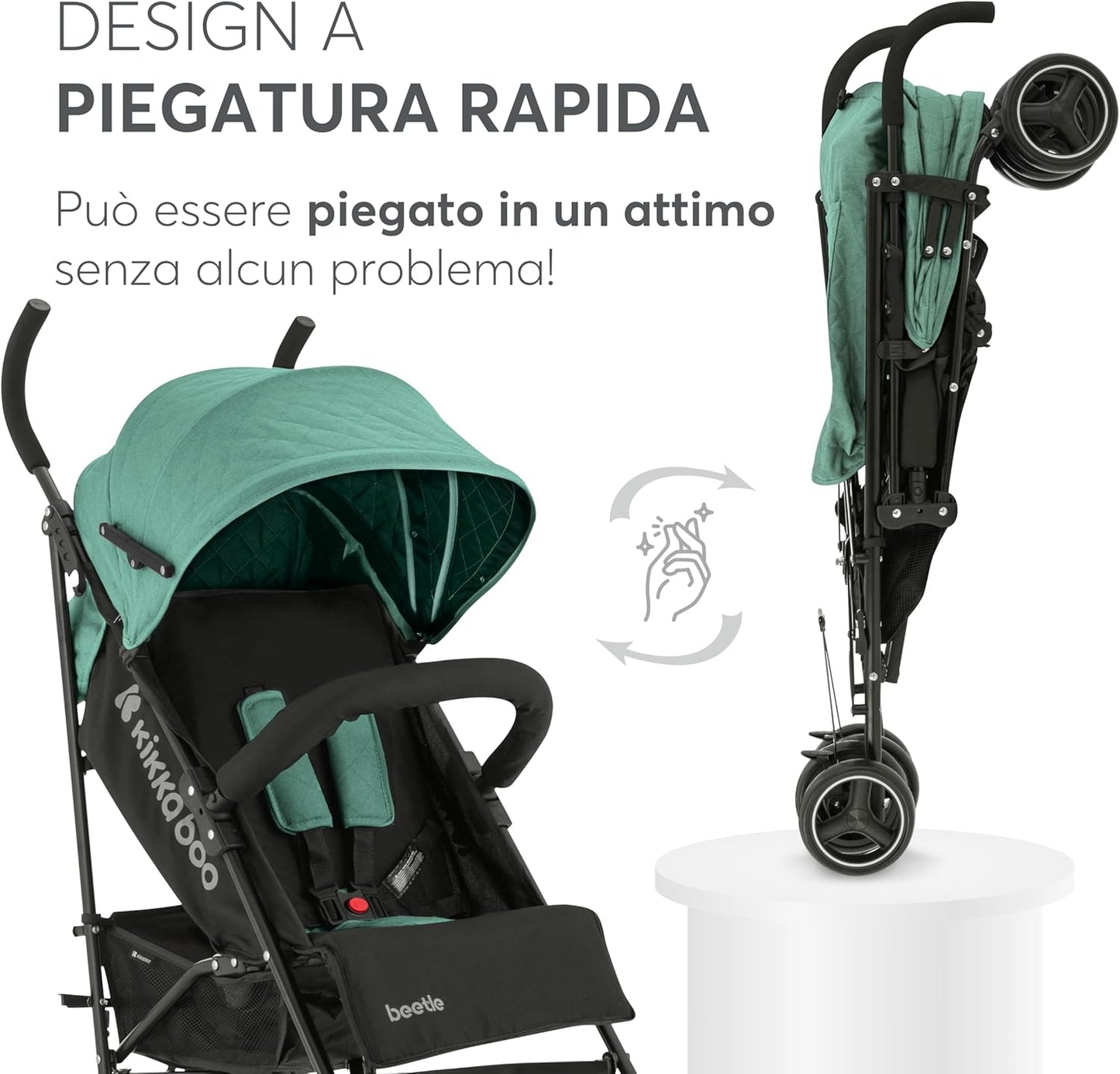 Passeggino KikkaBoo BEETLE, Passeggino da viaggio fino a 22 kg, Pieghevole, Leggero, Compatto, Menta