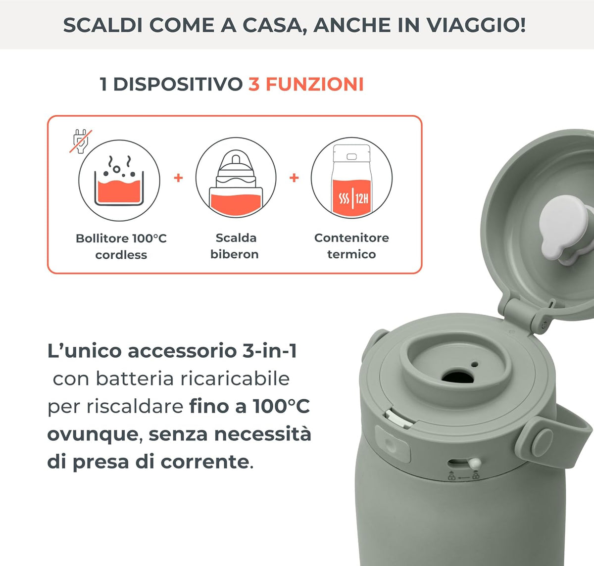 Nuvita Hot'n'go - bollitore scaldabiberon portatile termico a batteria ricaricabile con controllo temperatura 500 ml
