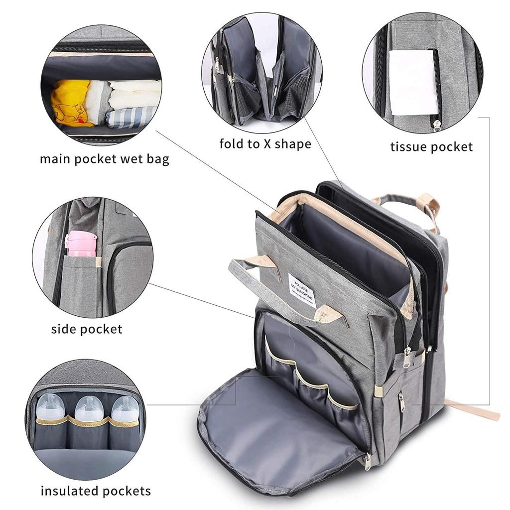 Nuovo lettino pieghevole per culla da viaggio con tasca isolata, zaino per pannolini 3 in 1 con fasciatoio, culla portatile per borsa per bambini