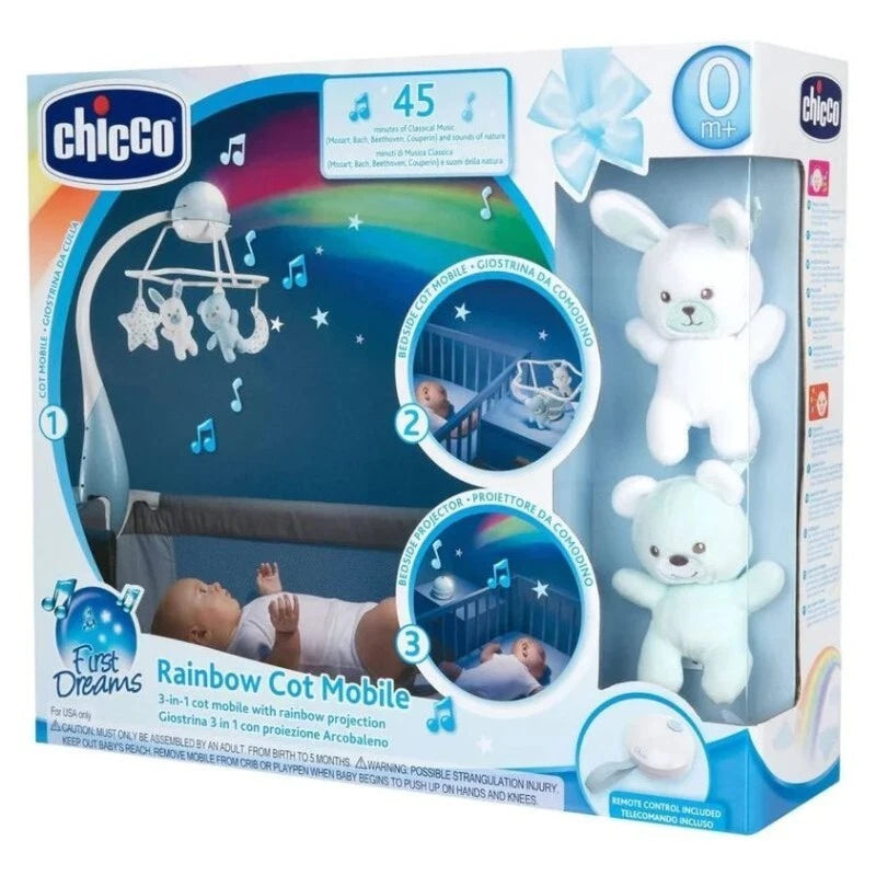 CHICCO- First Dreams Rainbow Cot Mobile- giostrina proiettore arcobaleno musicale azzurra